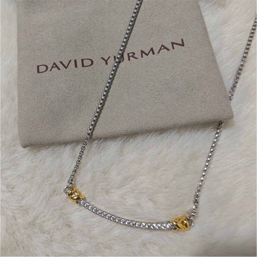 David Yurman Two-Tone Pave Cable Bar Necklace - Silver & Gold